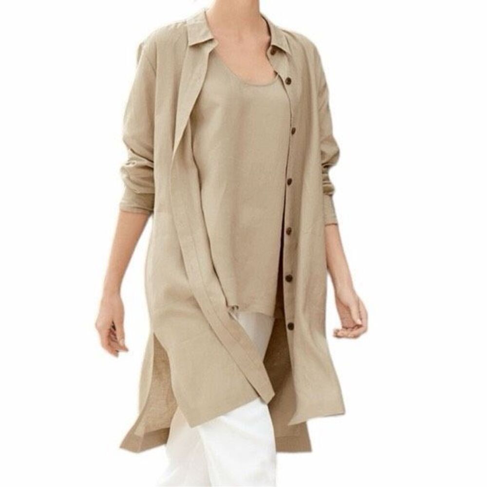 Go Silk Linen Button Down Tan MIDI Duster 1X